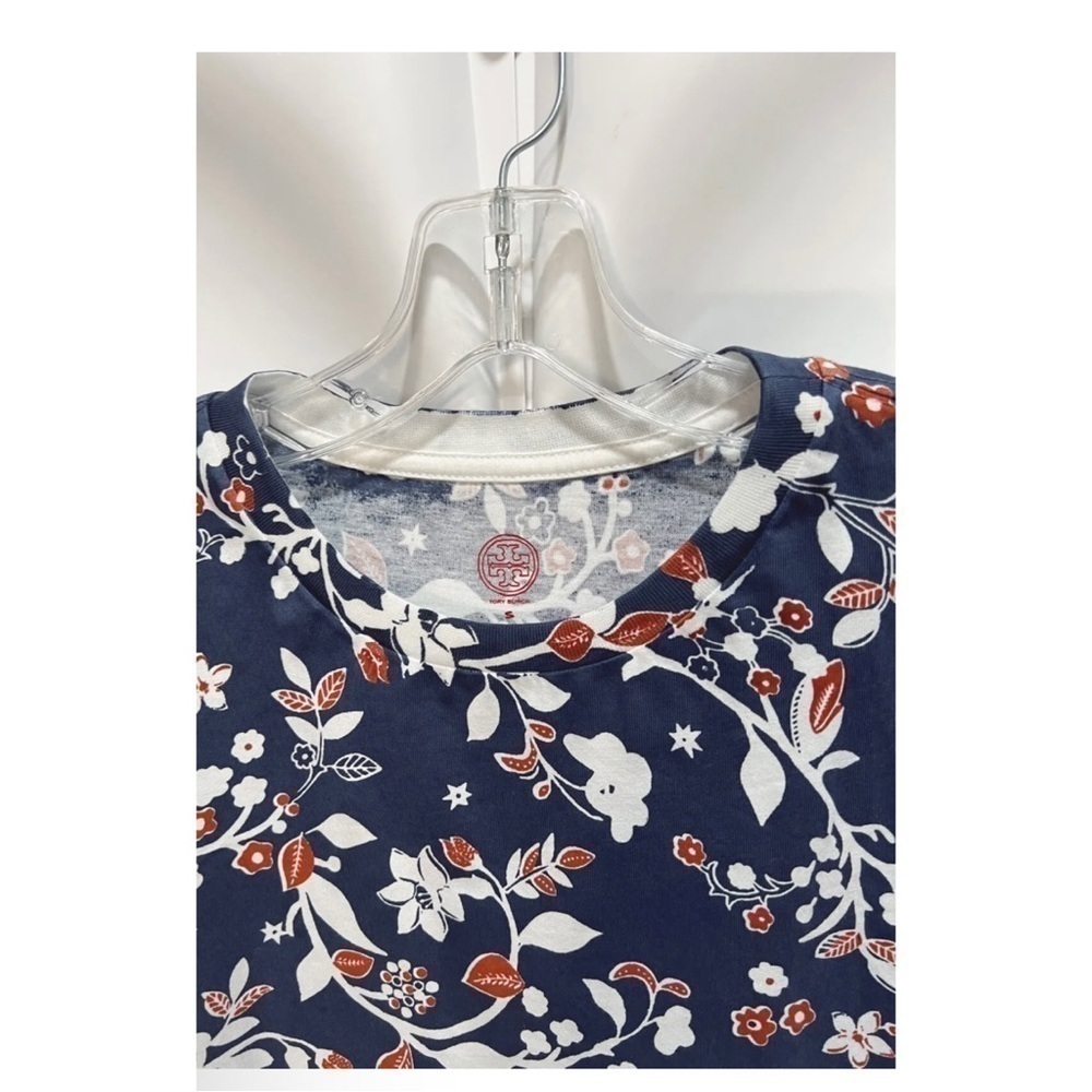 Tory Burch Womens Sz S Blue Floral Print Embroidered Logo Tee T-Shirt Top Blouse